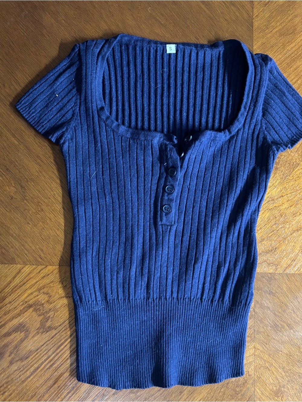 Ribbed Scoop Neck Button Front Top - Navy